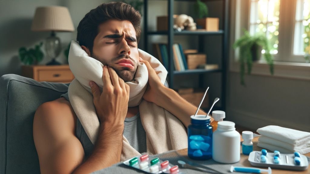 Persona en casa, manejando las molestias después de la cirugía de implante dental, con un enfoque en la recuperación y el alivio del dolor